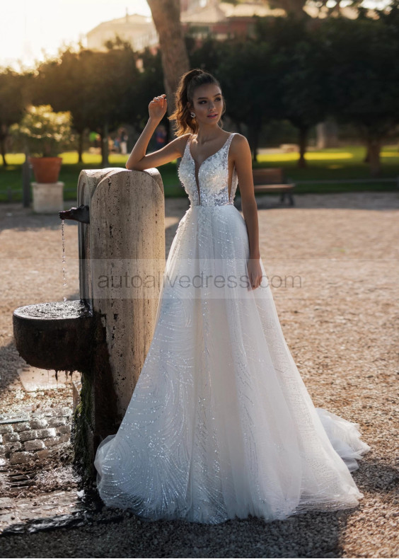 Deep V Neck Beaded Sequined Lace Tulle Wedding Dress